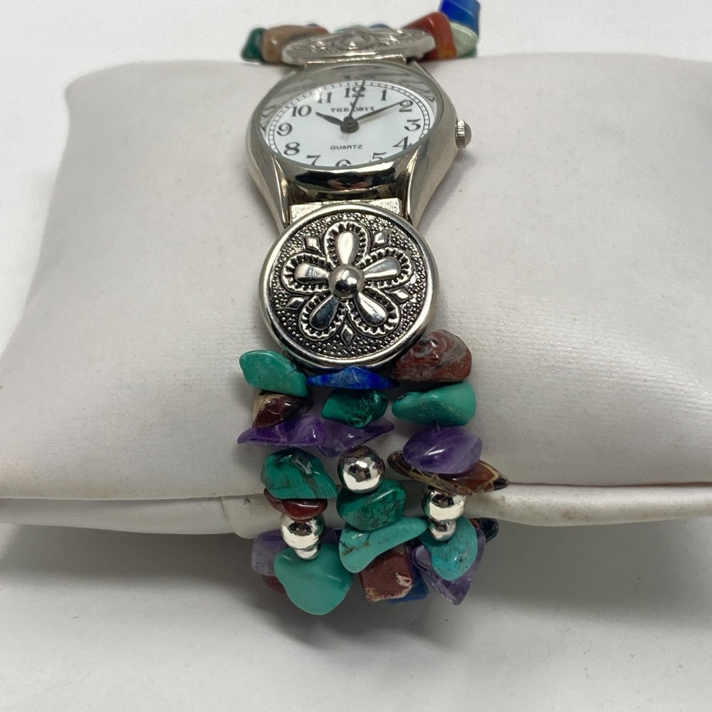 Oryx Watch Women Silver Tone Gemstone Band Amethyst Jasper 24mm New Batter 7.25" - Picture 4 of 16